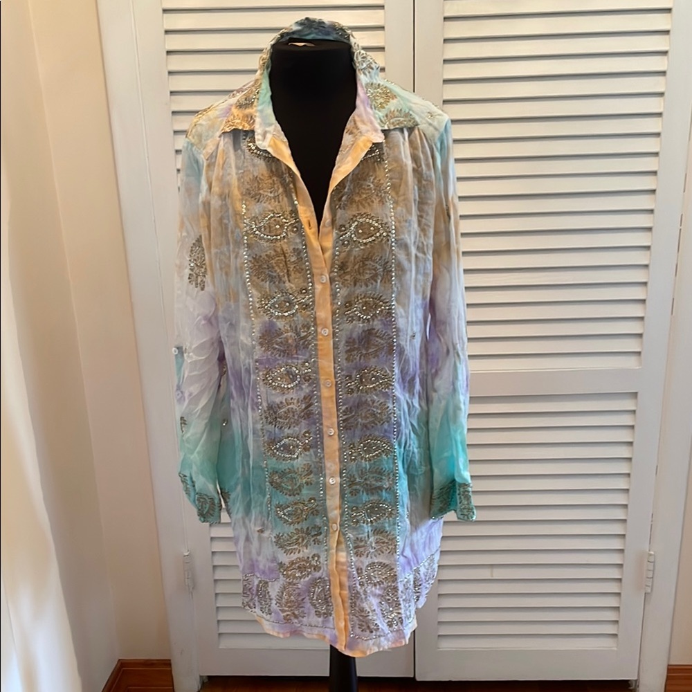 Juliet Dunn Turquoise and Lilac Blouse /tunic beachwear top cotton is size 8/10